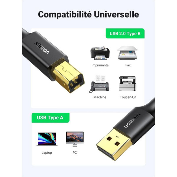 UGREEN Cable Imprimante USB 2.0 A Mâle vers USB B Mâle 1.5M – Image 2
